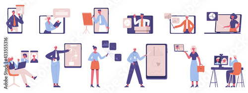 Online business coaching. Webinar, online conference or presentation, online business mentoring vector illustration set. Distant business training