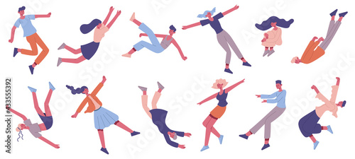 People floating in air. Flying male and female characters floating in space, imagination or dreaming people vector illustration set. Flying people in air space