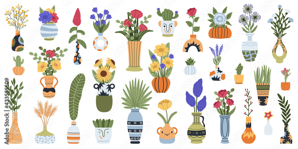 Vases with flowers. Blooming lilac, narcissus and tulips flowers bouquets in ceramic, clay or porcelain vases vector illustration set. Bouquet in vase