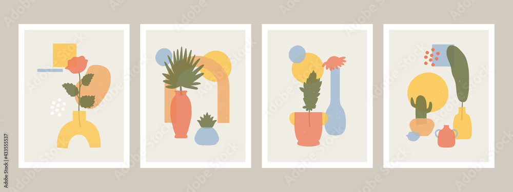 Abstract vases posters. Abstract minimalist vases, flowers and leaves shapes, hand drawn still life vector illustration set. Contemporary abstract art