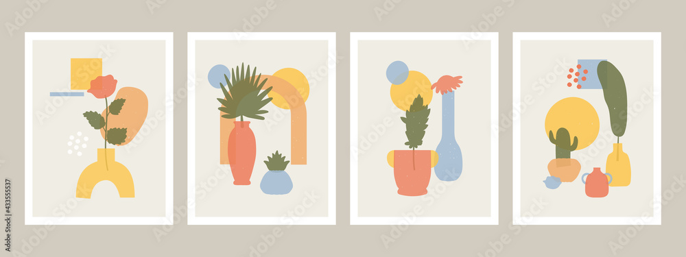 Abstract vases posters. Abstract minimalist vases, flowers and leaves shapes, hand drawn still life vector illustration set. Contemporary abstract art Abstract vases posters. Abstract minimalist vases, flowers and leaves shapes, hand drawn still life vector illustration set. Contemporary abstract art