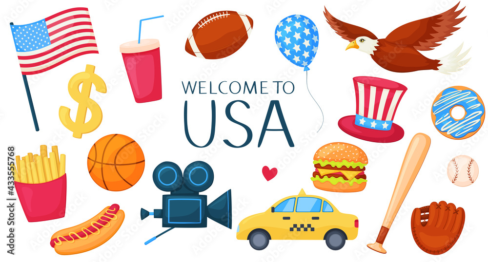 Set of vector illustrations in cartoon style. Isolated on a white background. USA travel traditional symbols and icons. Welcome to USA


