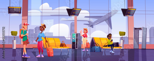Airport terminal with waiting people, chairs, luggage, security scanner and schedule display. Vector cartoon interior of departure area with seats, metal detector, vending machine and view to plane