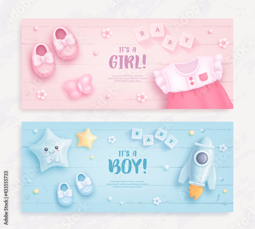 Set of baby shower invitation with cartoon baby shoes, dress, toys, helium balloons and flowers on blue and pink background. It's a boy. It's a girl. Vector illustration