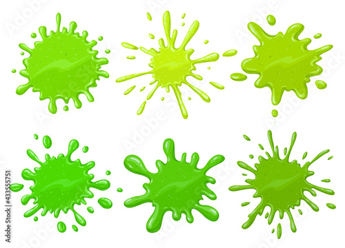 Cartoon green blots. Halloween dripping sticky alien slime splatter isolated vector illustration set. Green sticky slime splatter