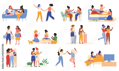 Young girlfriends. Women friends spend time together walking, chatting and travelling, girls activities vector illustration set. Happy female friends