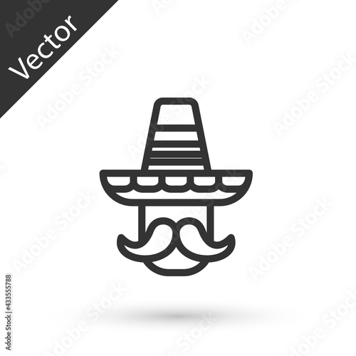 Grey line Mexican man wearing sombrero icon isolated on white background. Hispanic man with a mustache. Vector