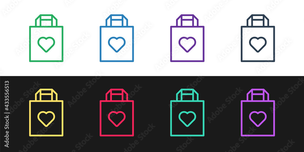 Set line Shopping bag with heart icon isolated on black and white background. Shopping bag shop love like heart icon. Valentines day symbol. Vector Set line Shopping bag with heart icon isolated on black and white background. Shopping bag shop love like heart icon. Valentines day symbol. Vector