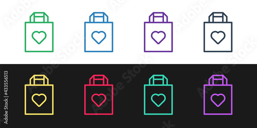 Set line Shopping bag with heart icon isolated on black and white background. Shopping bag shop love like heart icon. Valentines day symbol. Vector