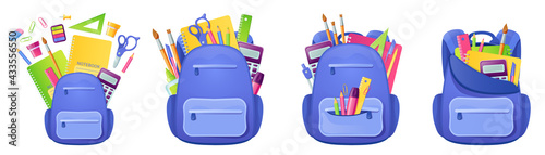School bag with studying supplies and stationery inside. Backpack with notebook, paints and pen or pencil, ruler, calculator and brush. Back to school concept with student rucksack, Cartoon vector set