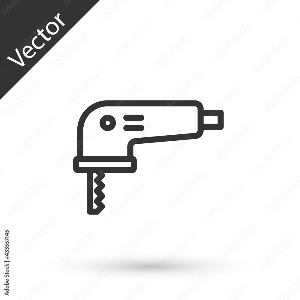 Grey line Electric jigsaw with steel sharp blade icon isolated on white background. Power tool for woodwork. Vector Grey line Electric jigsaw with steel sharp blade icon isolated on white background. Power tool for woodwork. Vector