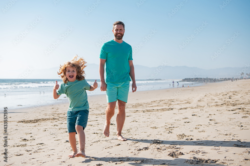 Dad and child enjoying outdoor. Concept of healthy holiday and family activity.
