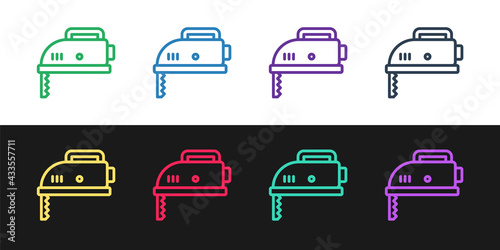 Set line Electric jigsaw with steel sharp blade icon isolated on black and white background. Power tool for woodwork. Vector