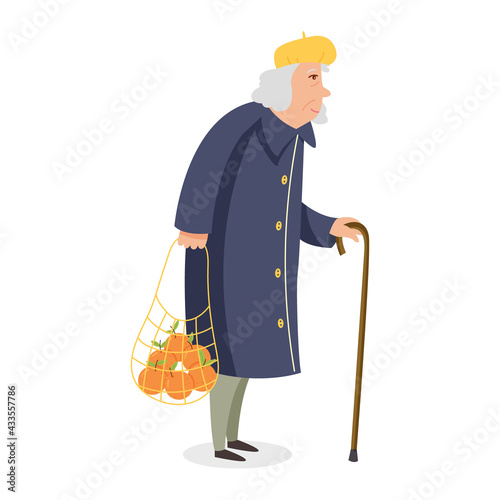 An old lady with a cane and a bag of oranges. Gray Granny in a coat and beret. Cartoon vector character