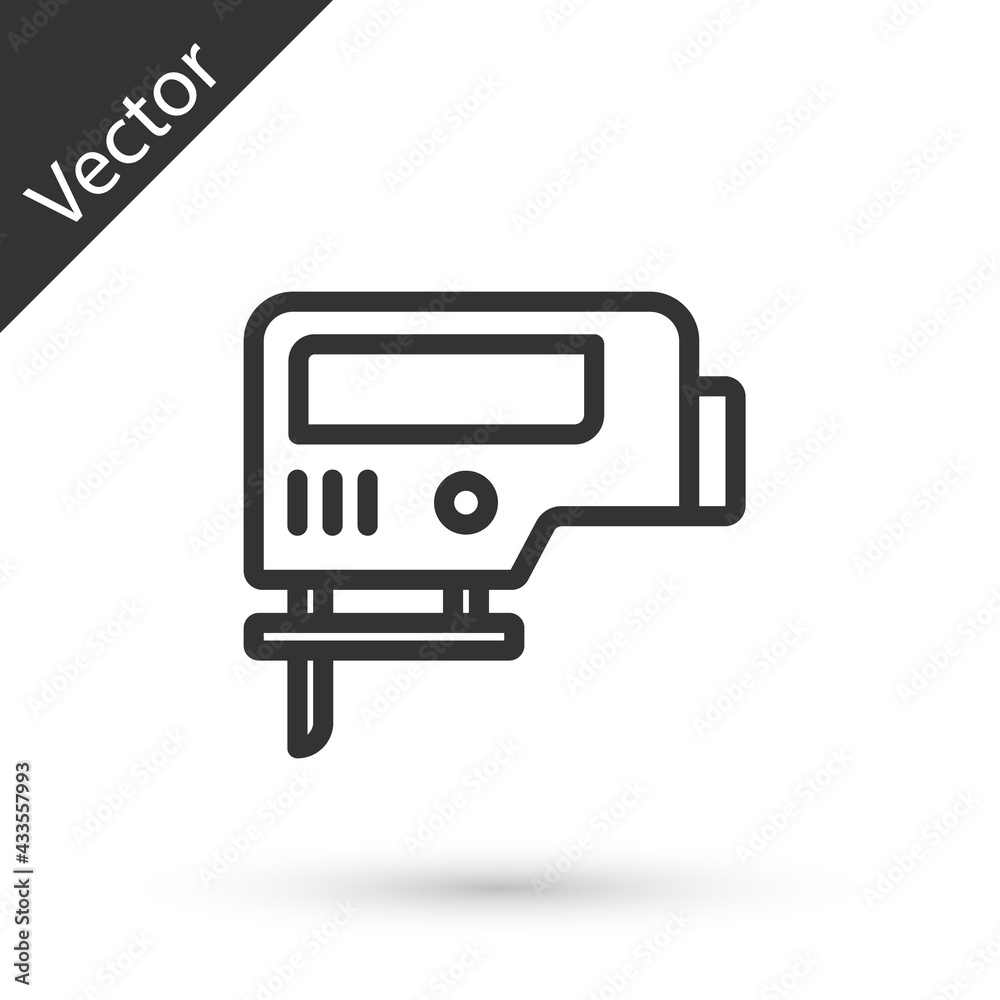 Grey line Electric jigsaw with steel sharp blade icon isolated on white background. Power tool for woodwork. Vector Grey line Electric jigsaw with steel sharp blade icon isolated on white background. Power tool for woodwork. Vector