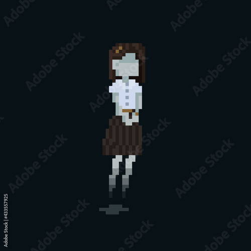 Pixel art cartoon college  ghost girl character.