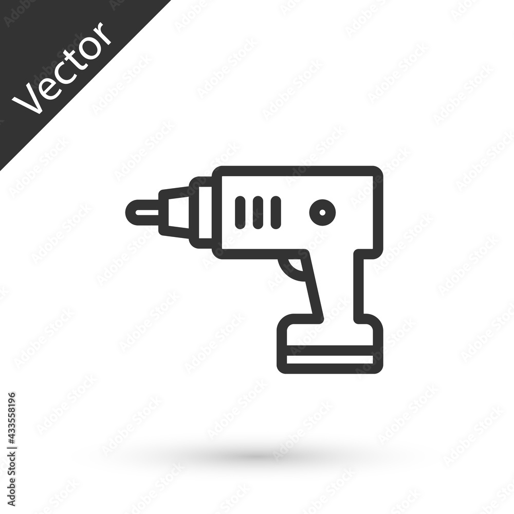 Grey line Electric cordless screwdriver icon isolated on white background. Electric drill machine. Repair tool. Vector