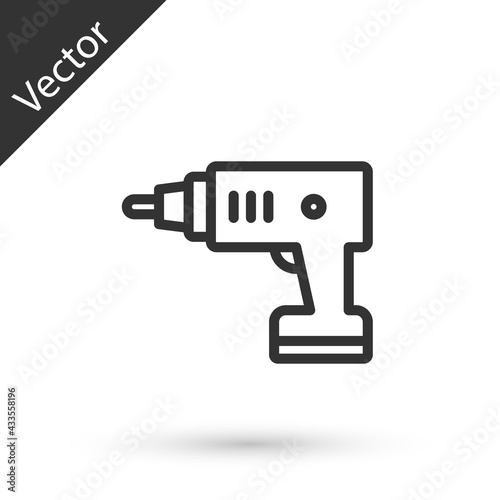 Grey line Electric cordless screwdriver icon isolated on white background. Electric drill machine. Repair tool. Vector