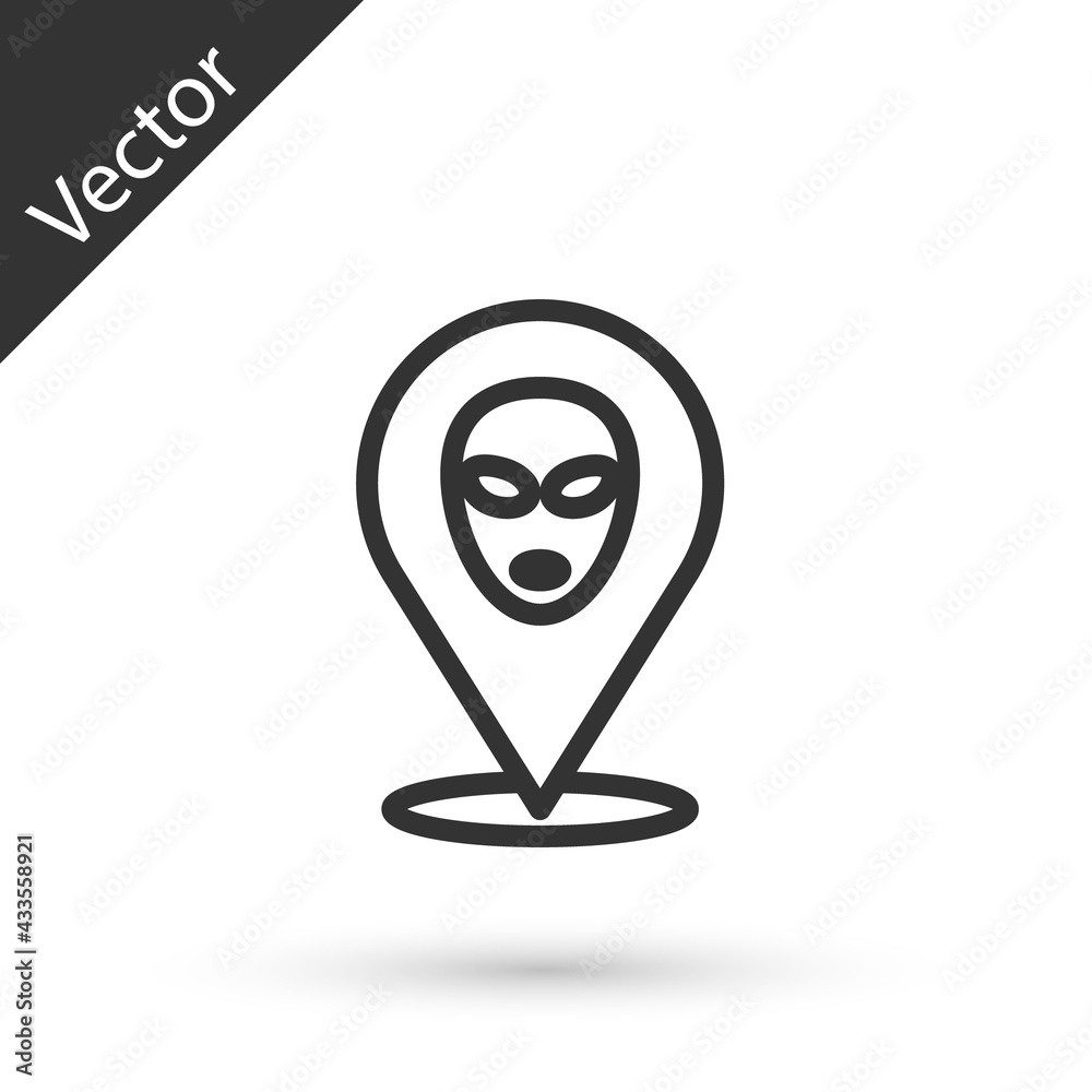 Grey line Alien icon isolated on white background. Extraterrestrial alien face or head symbol. Vector Grey line Alien icon isolated on white background. Extraterrestrial alien face or head symbol. Vector