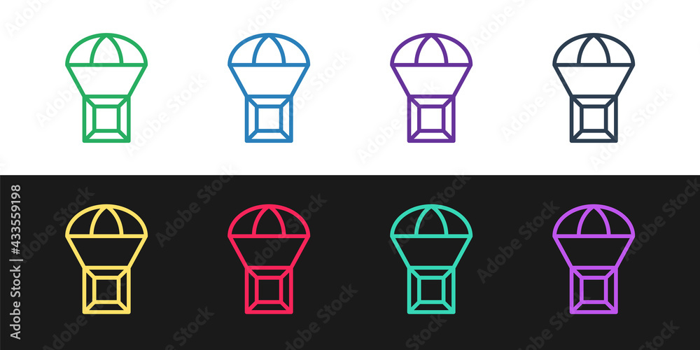 Set line Box flying on parachute icon isolated on black and white background. Parcel with parachute for shipping. Delivery service, air shipping. Vector Set line Box flying on parachute icon isolated on black and white background. Parcel with parachute for shipping. Delivery service, air shipping. Vector