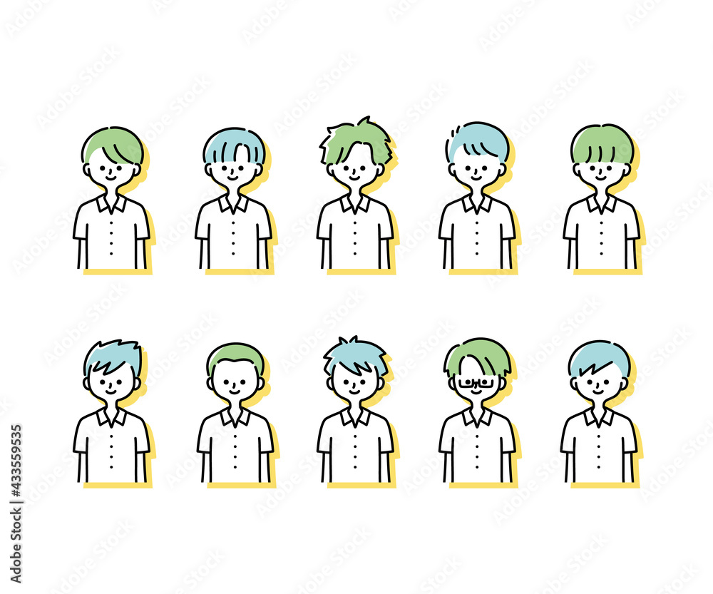 夏の制服を着た様々な男子学生のイラスト（上半身）