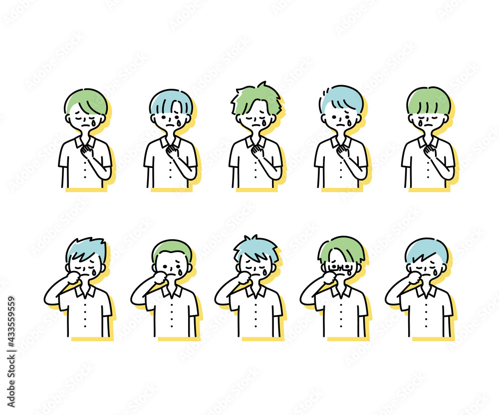 夏の制服を着た様々な男子学生の感情表現イラスト（上半身）