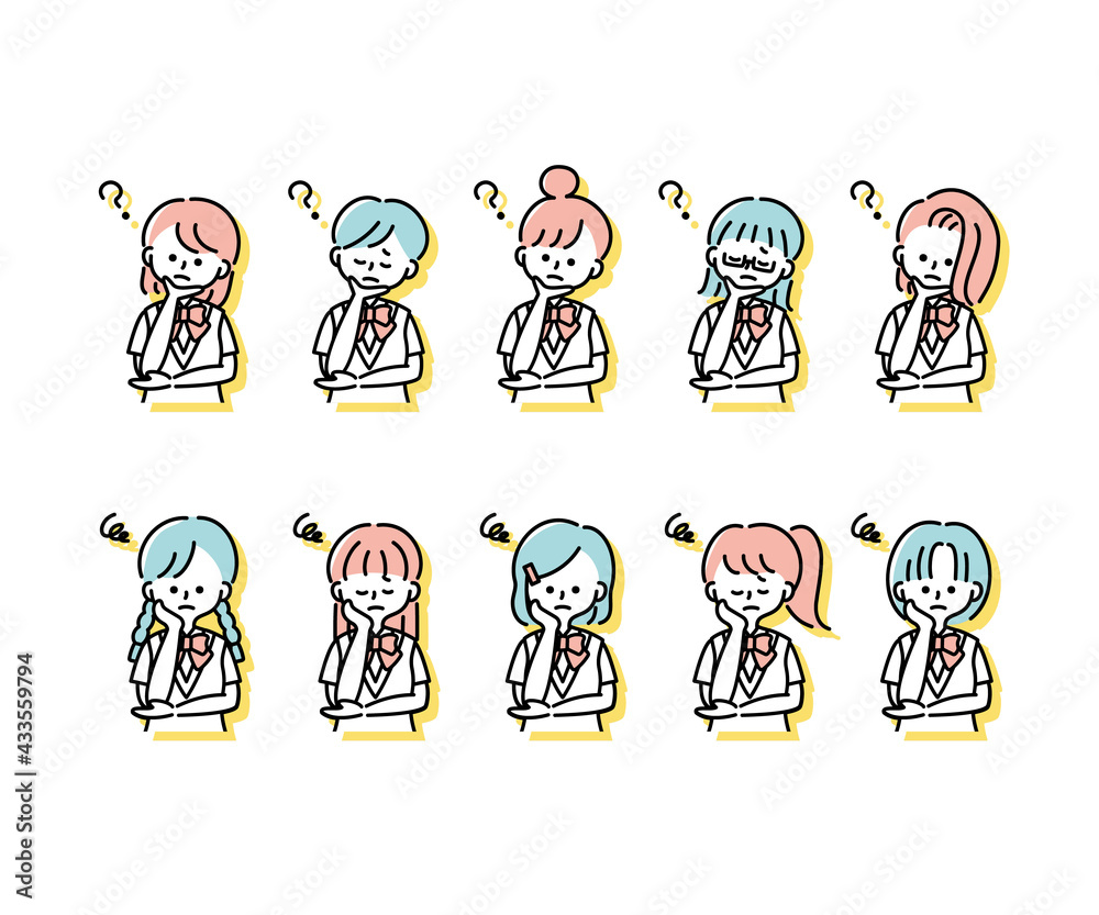 Naklejka premium 夏の制服を着た様々な女子学生の感情表現イラスト（上半身）