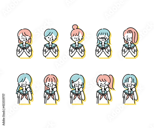 夏の制服を着た様々な女子学生の感情表現イラスト（上半身）