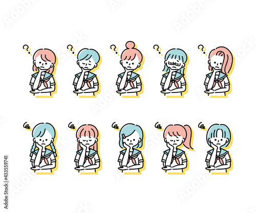 夏の制服を着た様々な女子学生の感情表現イラスト（上半身）