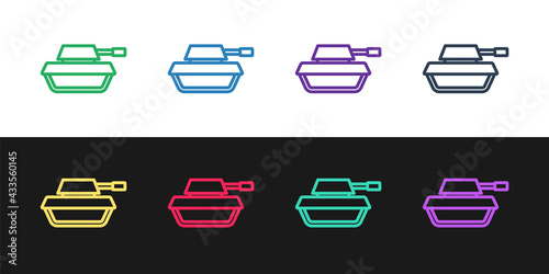 Set line Military tank icon isolated on black and white background. Vector