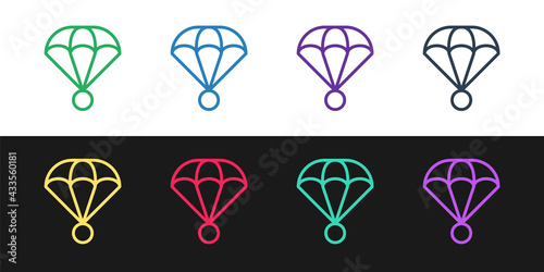 Set line Parachute icon isolated on black and white background. Extreme sport. Sport equipment. Vector