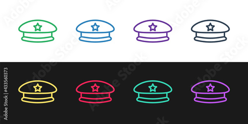 Set line Military beret icon isolated on black and white background. Soldiers cap. Army hat. War baret. Vector