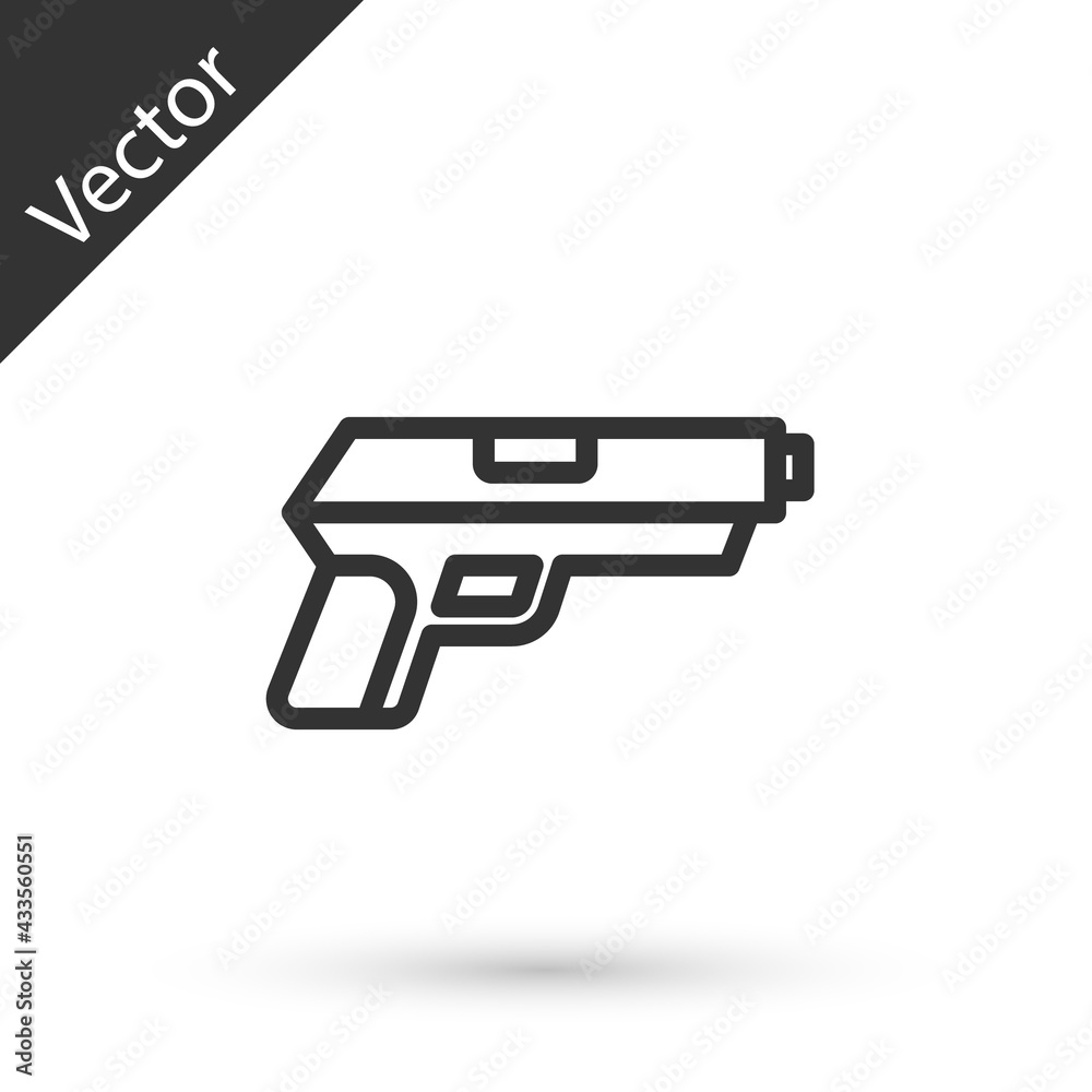 Grey line Pistol or gun icon isolated on white background. Police or military handgun. Small firearm. Vector Grey line Pistol or gun icon isolated on white background. Police or military handgun. Small firearm. Vector