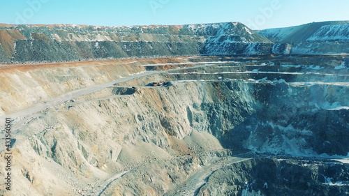 Roads and snowy slopes of an open-pit mine