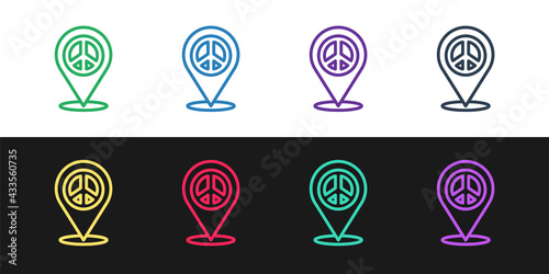Set line Location peace icon isolated on black and white background. Hippie symbol of peace. Vector