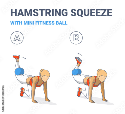 Girl Doing Hamstring Squeeze with Fitness Mini Ball Home Workout Exercise Guide Color Illustration.