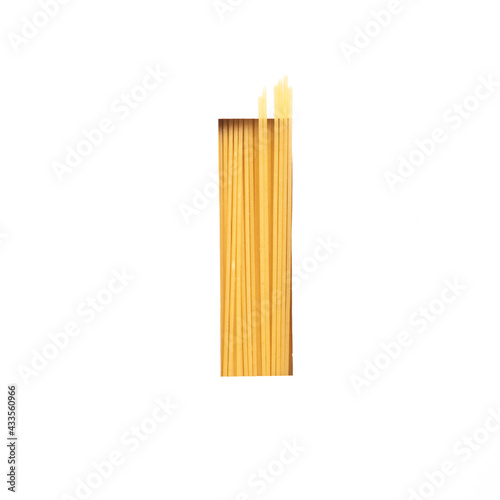 Italian food typeface for products store. Letter I of alphabet of spaghetti pasta and white cut paper isolated on white