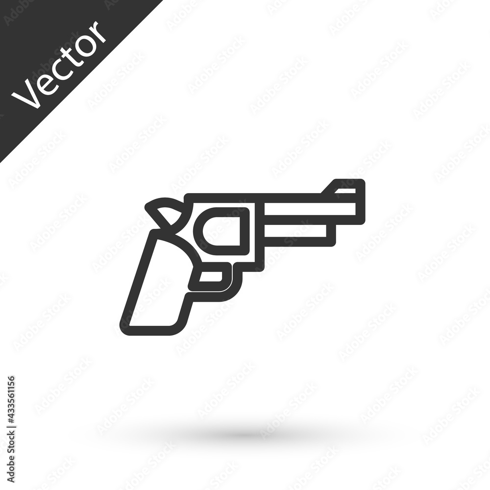Grey line Pistol or gun icon isolated on white background. Police or military handgun. Small firearm. Vector Grey line Pistol or gun icon isolated on white background. Police or military handgun. Small firearm. Vector
