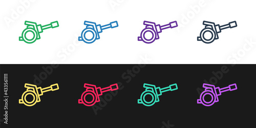 Set line Howitzer icon isolated on black and white background. Shooting from a gun. Artillery. Vector