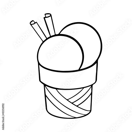 Hand drawn ice cream balls served in paper bowl decorated with cinnamon sticks. Vector hand drawn illustration