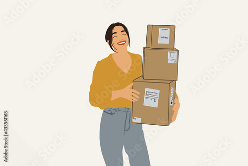 Young happy woman carries home a parcels with goods purchased online. Concept of online shopping and delivery. Flat style. Vector illustration.