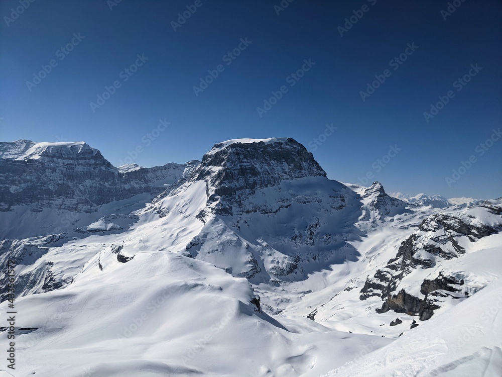 View from the mountain in glarus to a nice winter landscape in the swiss mountains.Claridenfirn and toedi piz russein
