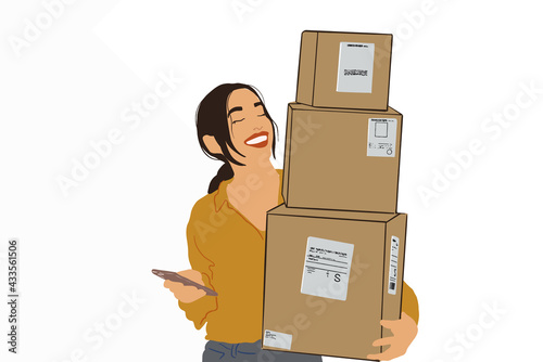 Young happy woman carries a parcels with goods and using phone. Concept of online shopping and delivery. Flat style. Vector illustration.