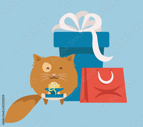 Happy cat with a lot of gifts. Cute pet in cartoon style