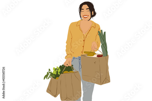 Woman carries an eco friendly shopping bags with fresh vegetables from grocery. Buying healthy food. Vector illustration.