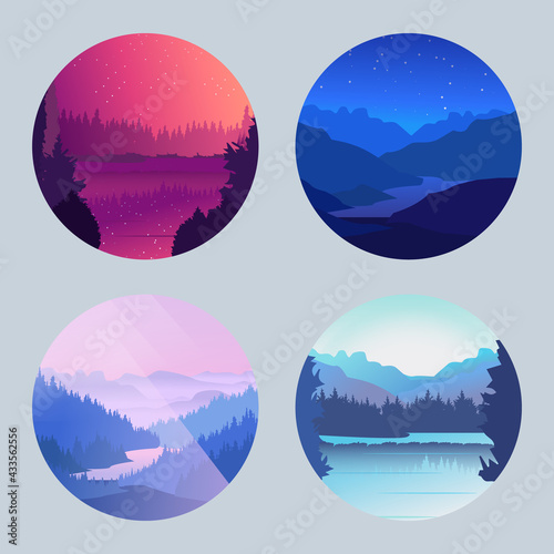 Collection of mountain and river landscapes for banner, web site, social media and avatars in circles. Editable vector illustration with night and morning beautiful scenery