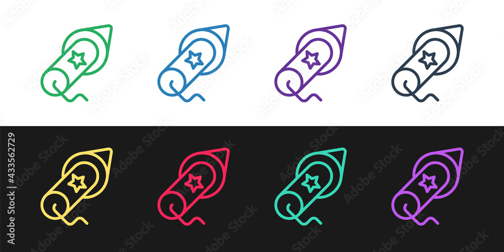 Set line Firework icon isolated on black and white background. Concept of fun party. Explosive pyrotechnic symbol. Vector