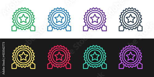 Set line Medal with star icon isolated on black and white background. Winner achievement sign. Award medal. Vector