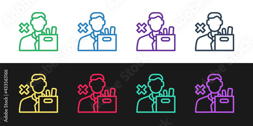 Set line Dismissed sad young man carrying box with his personal belonging leaving his job icon isolated on black and white background. Employee fired from work. Vector
