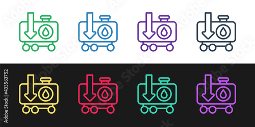 Set line Drop in crude oil price icon isolated on black and white background. Oil industry crisis concept. Vector